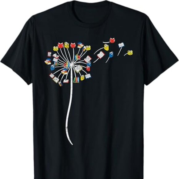 Dandelion Books Flower Reading Teacher Librarian Bookworm T-Shirt - Picture 1 of 1